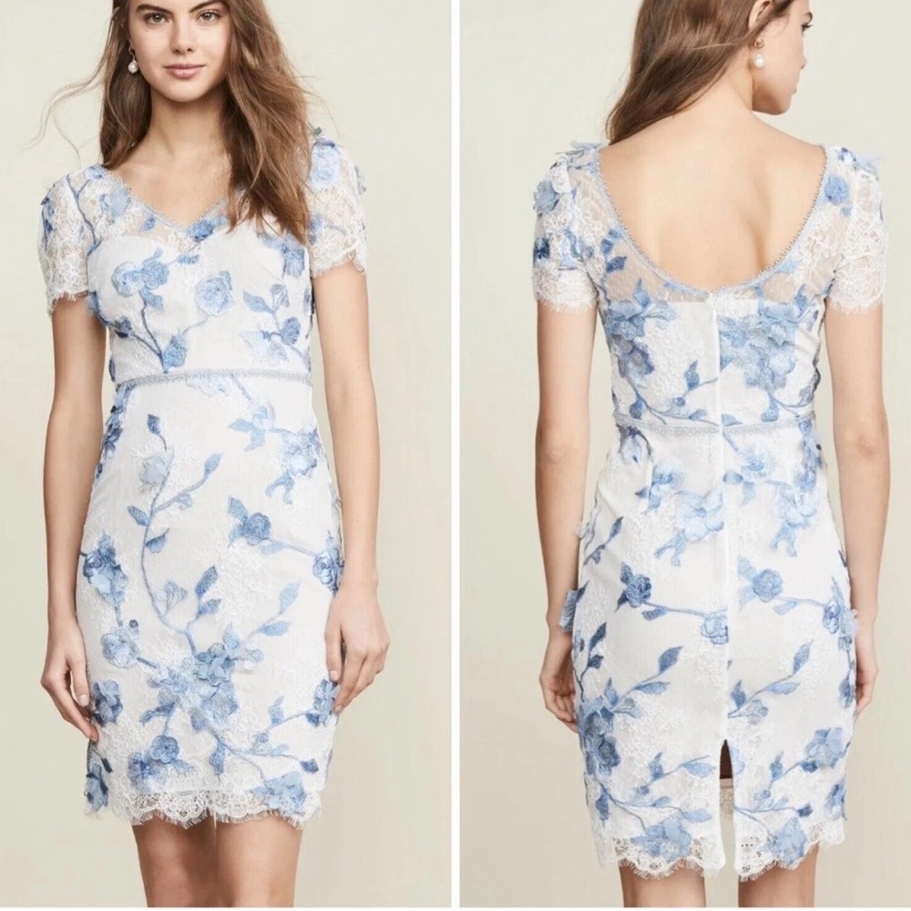 NWT Marchesa Notte Floral Cap Sleeve Corded Lace Cocktail Dress‎ Ivory Blue 0